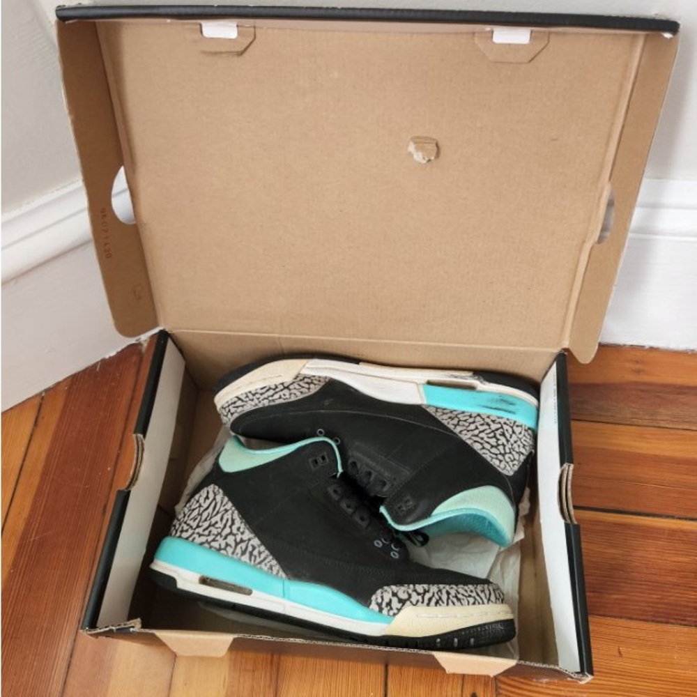 Jordan III in Black, grey, white & teal Kids Sneakers